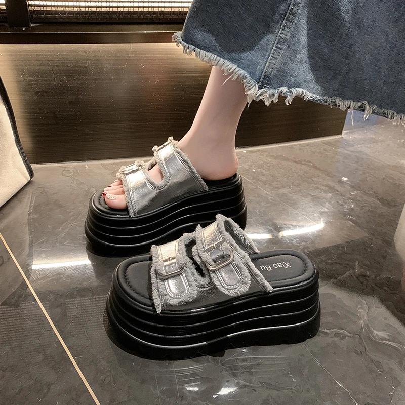 Fashion 8CM Chunky Platform Canvas Sandals Women Thick Bottom Wedges Slippers Female New Summer Non Slip Beach Shoes Woman Buckle Slides