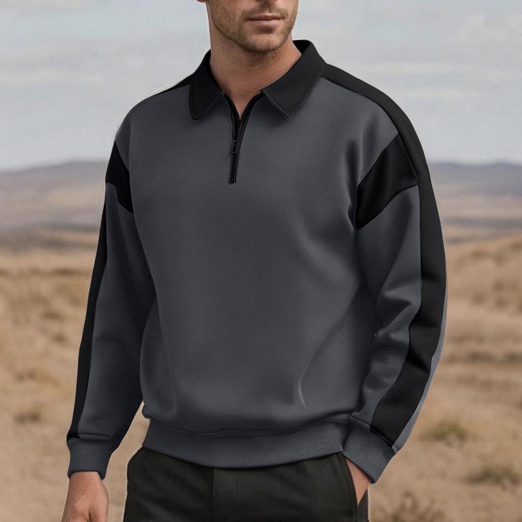 Mens Long Sleeve Neck Sweatshirts Patchwork Color Block Zip Up Pullovers Fall Casual Loose Fit Outfits Clothes