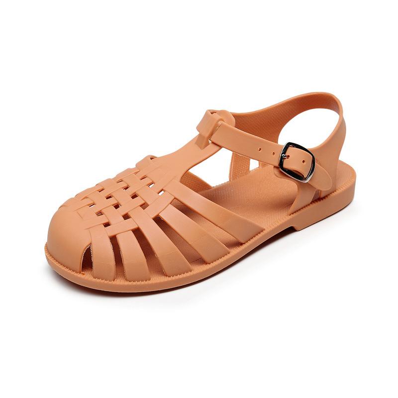 Women's Closed-Toe Hollow Sandals Summer Flat Non-Slip Beach Jelly Shoes Breathable Roman Sandals