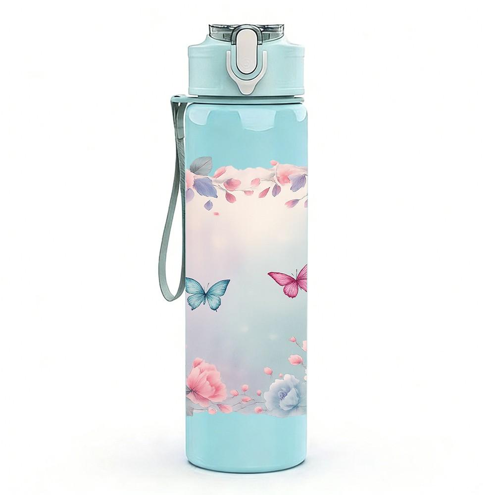 1PC Pink Butterfly Flower Frame Art 750ml Color Plastic Sports Water Bottle Leakproof Flip Straw Lid For Sports Office Home Use