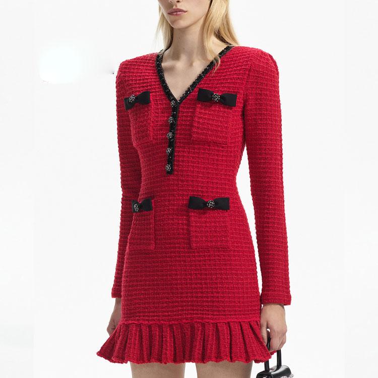 Self-Portrait Solid Color V-Neck Single-Breasted Multi-Button Cocktail Dress Long Sleeve Dress Women dresses Burgundy SWF351M01500