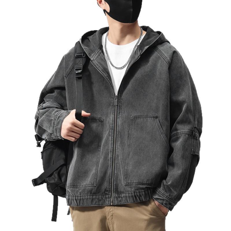 Men's Trendy Retro American Stand Collar Denim Jacket - Loose Fit, High-Quality, Solid Color for Spring and Autumn.