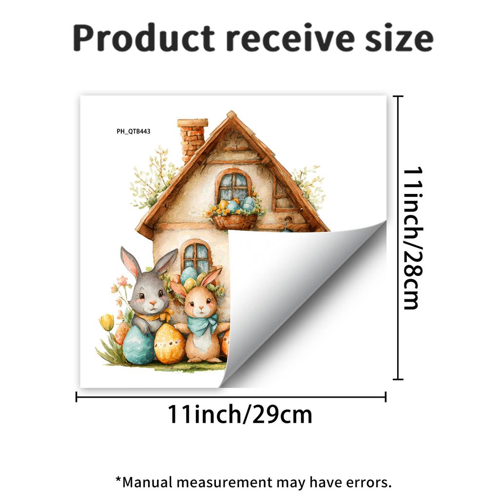 Cute Easter Bunny with Cartoon House Wall Sticker Self-Adhesive Removable for Living Room Entryway Bedroom Home Decor