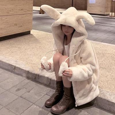 Puszysta kurtka z uszami królika raglanowy rękaw na zamek błyskawiczny Oversize lekka miękka Harajuku Kawaii ciepła bluza z kapturem ze sztucznego futra