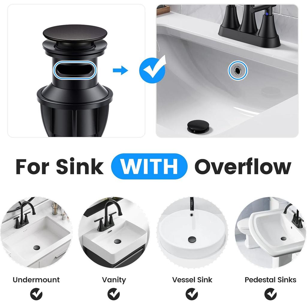 Bathroom Sink Drain Stopper with Overflow Fit Lavatory Vanity Sink Pop Up Drain Assembly By RUITHOE