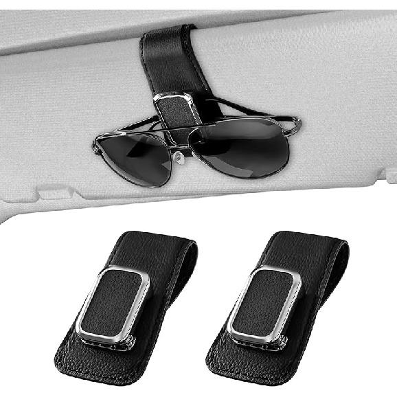One-Handed-Operation Leather Sunglasses Clip For Sun Visor, 2Pack Durable Eyeglasses Holder And Ticket Card Clip, Auto Interior Car Visor Accessories