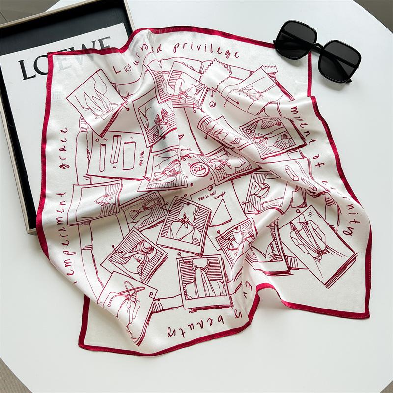 

Chinese silk 100% mulberry silk silk scarf comic line printing silk silk scarf women s simple and versatile square scarf scarf 53cm красный