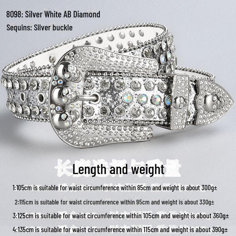 Curea de lux cu cataramă cu strasuri și craniu închis la culoare, cu paiete și diamante