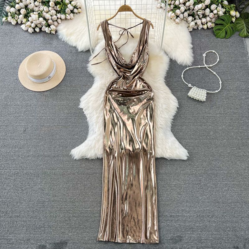 

Summer Fashion Backless Metallic Dress Dress Champagne gold S
