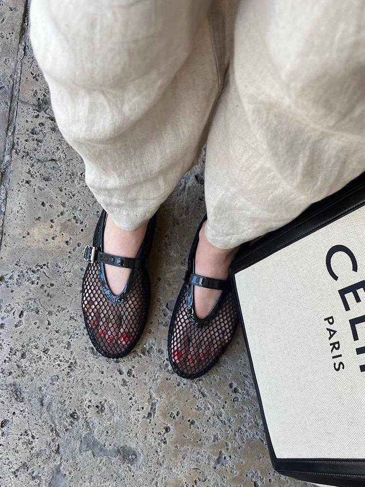 Cowhide version~ Sandals one-word buckle band ballet shoes women's full diamond flats hollowed out Mary Jane single shoes fishnet shoes