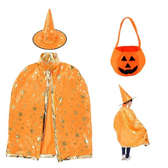 Child Witch Costume Unique Anime Cosplay Cape Hat Set Sparkling Pentagram Design with Pumpkin Bag Halloween Party Supplies