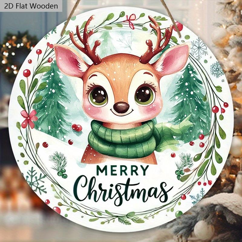 Christmas Wooden Sign with Adorable Elk Pattern - Merry Christmas Round Sign for Front Door, Wall Hanging Decor - Ideal Christmas Ornament