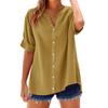 Women Shirt V-Neck Half Sleeve Buttons Placket Shirt Solid Color Loose Fit Summer Casual