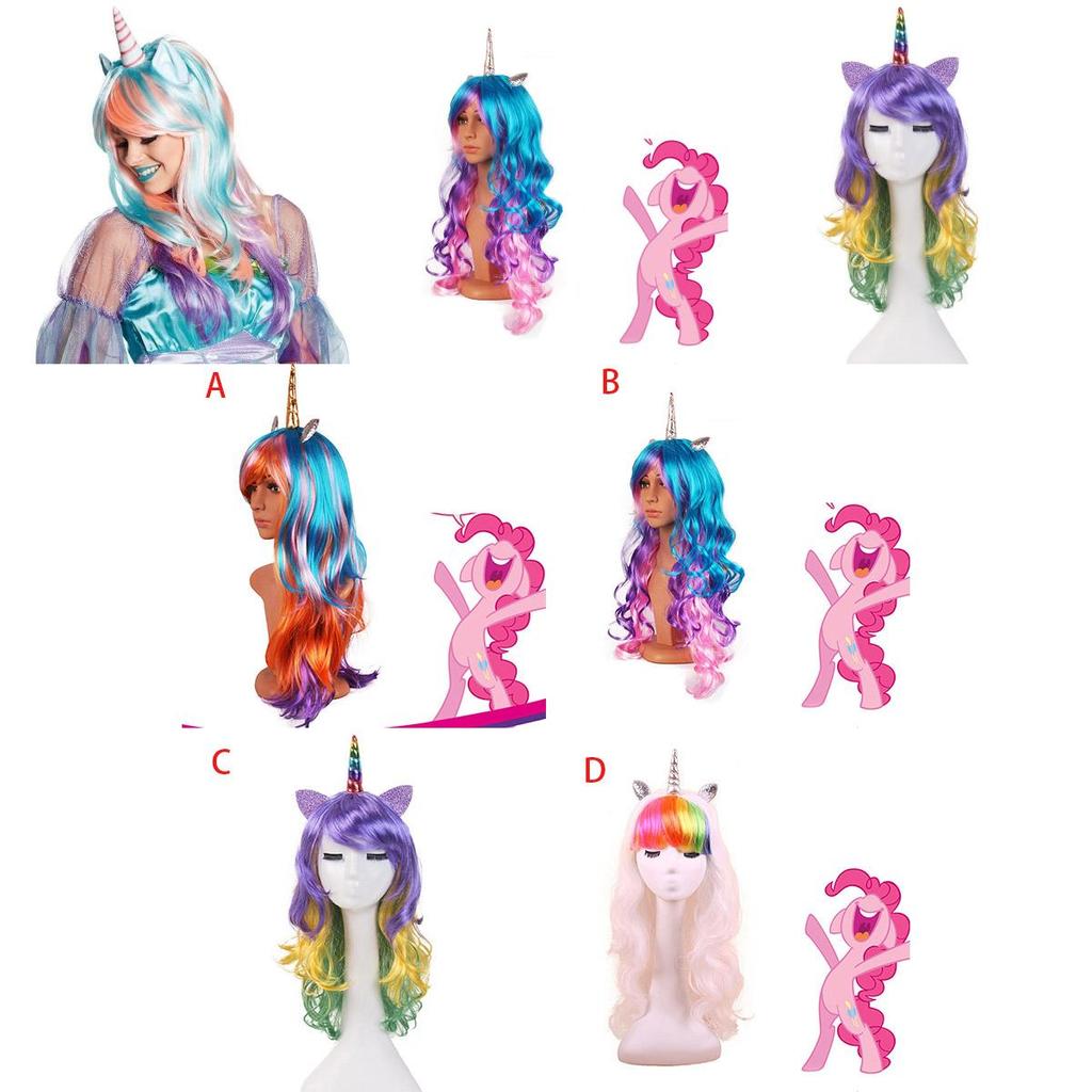New Fashion Women Ear Unicorn Rainbow Wig Long Curly Wave Hair For Cosplay Party