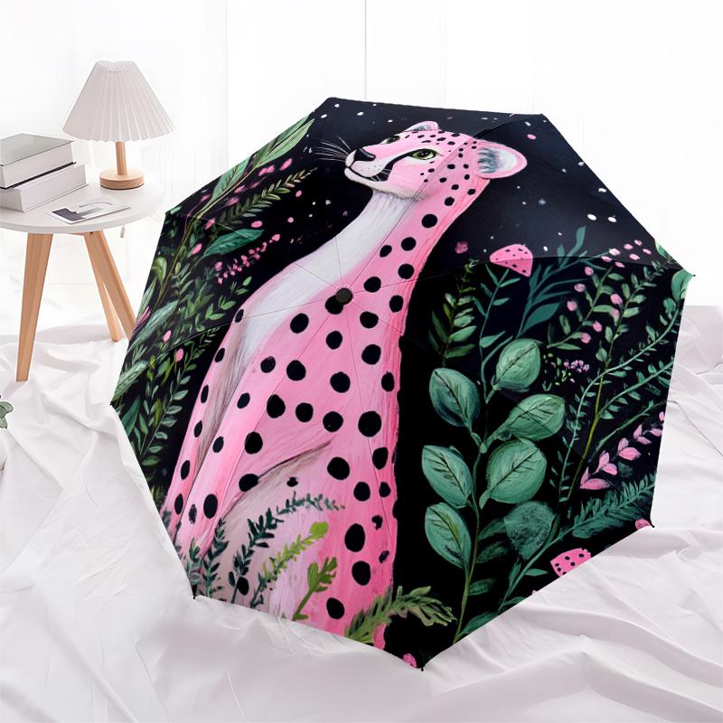 1 PC Automatic Folding Umbrella - Pink Leopard Pattern, Portable & Foldable Design with 8 Ribs, Christmas Birthday Gifts
