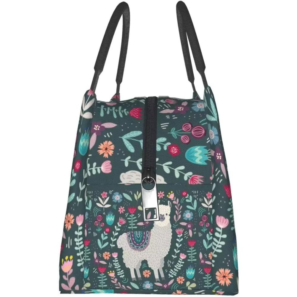 Cute Llama with Floral Thermal Lunch Bag Insulated Lunch Box Meal Prep Cooler Tote for Picnic Camping Work Travel