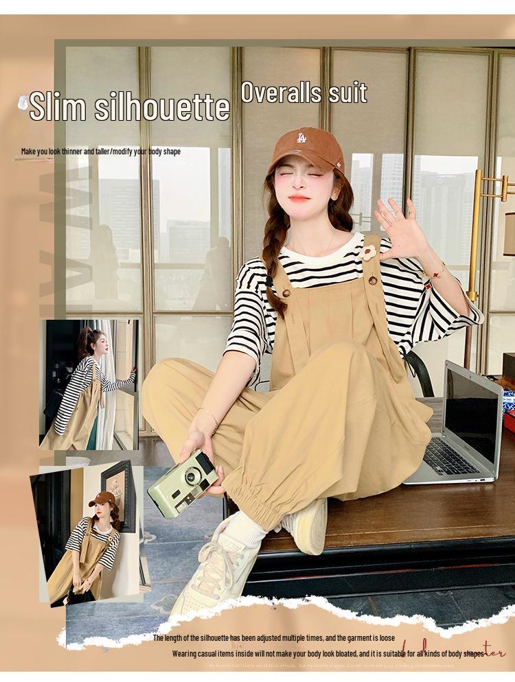 Khaki Women's Age-Defying Overalls and T-Shirt Set - Spring/Summer 2024 Korean Style
