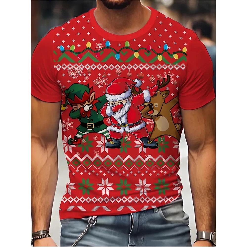 New 3D Elk And Beer Print Street Fashion Men's Christmas Holiday Party Casual Short-sleeved
