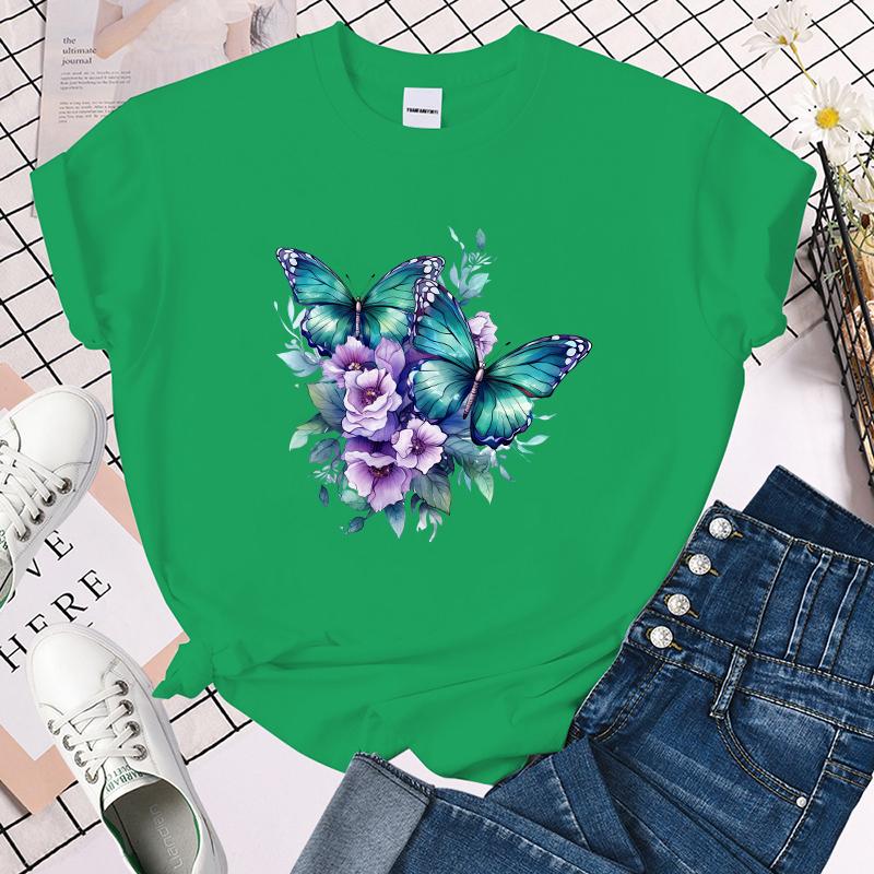 

(Premium T-shirt)Funny Flower Butterfly Print T-Shirts For Women Summer Round Neck Tee Shirt Femme Fashion Casual T-Shirts 3XL