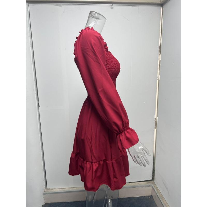 Women Square Neck Long Puff Sleeve Smocked Ruffle Hem Mini Dress