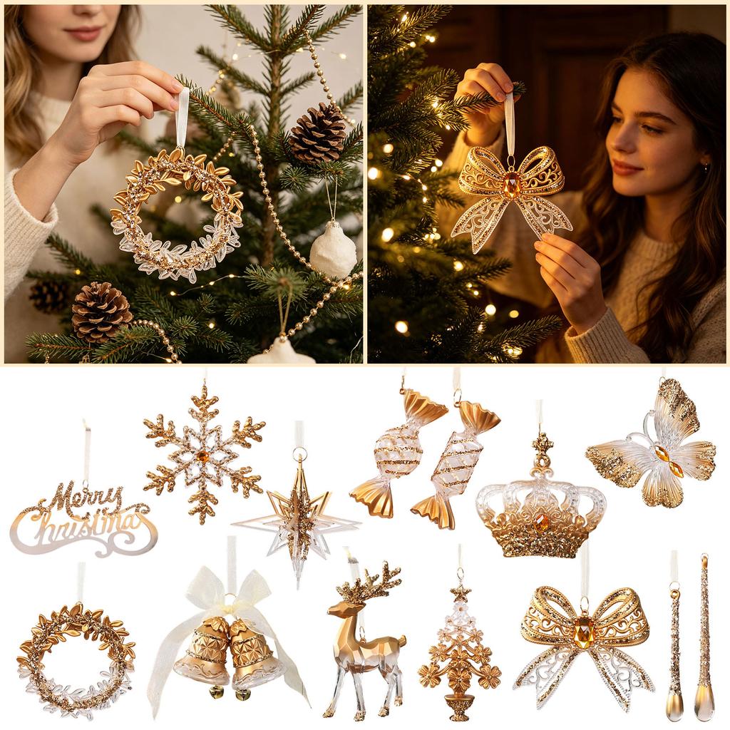 Gold Semi-Transparent Gradient Snowflake Christmas Tree Ornament for Holiday Hanging Decor