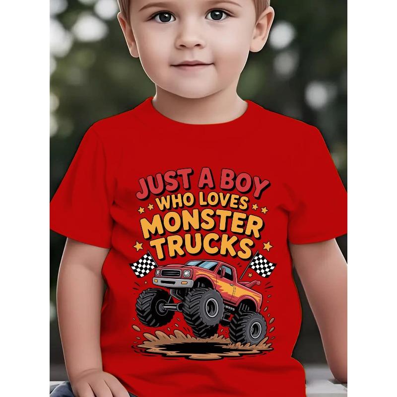 European sizes Boys' "JUST A BOY WHO LOVES MONSTER TRUCKS" T-Shirt - Monster Truck Print Short Sleeve Tee with Round Neck, Casual Summer Top