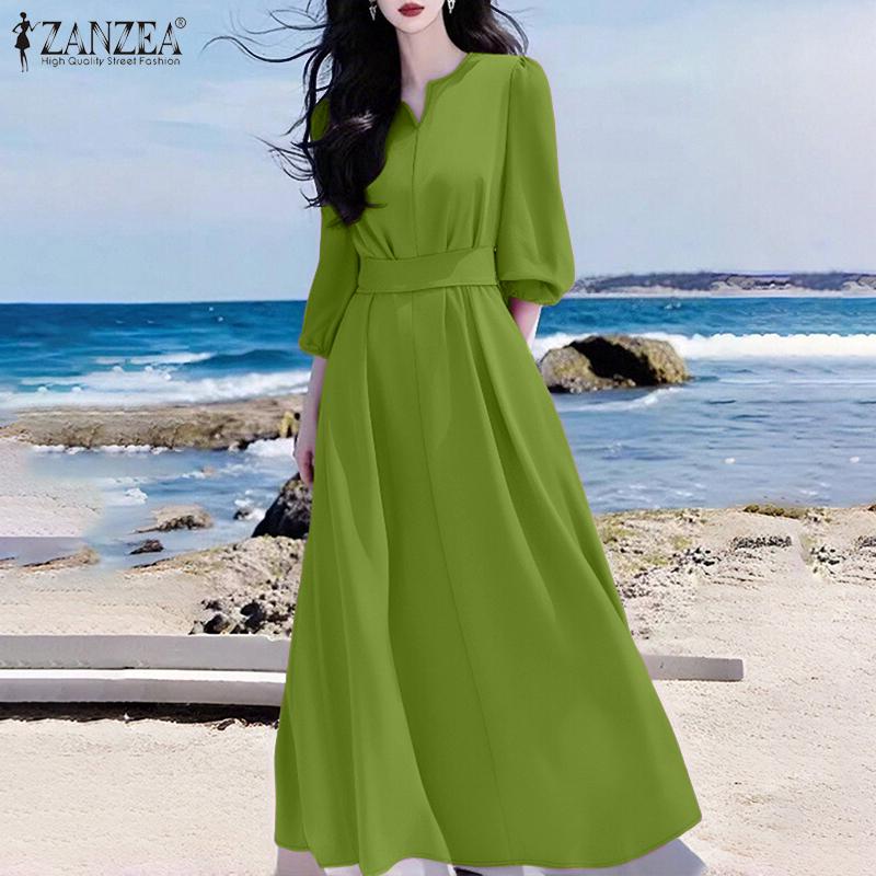 ZANZEA Women Casual V-Neck Loose 3/4 Sleeve Plain Long Dress
