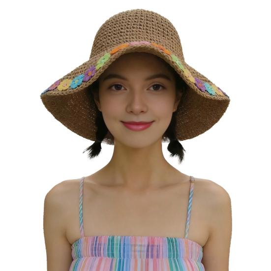Beach Hat Hollow Design Large Eaves UV Blocking Colorful Flower Decoration Sun Protection Hat Portable Hand-Crocheted Straw Hat