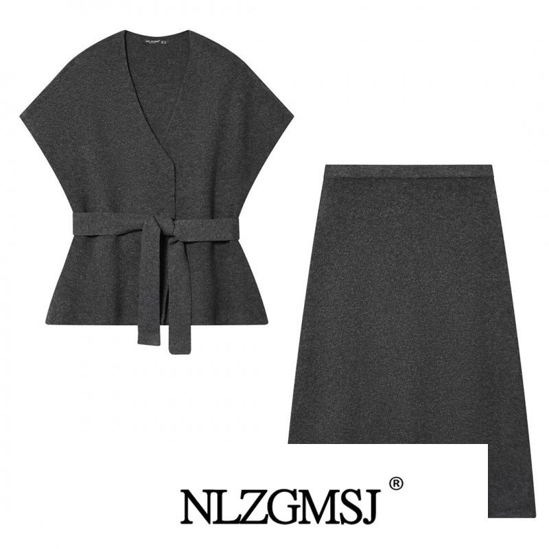 

European & American Style Knitted Vest and Skirt with Belt - 2025 Collection S