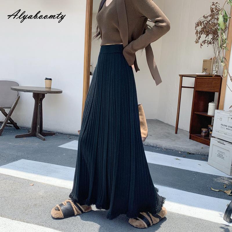 Moda Coreana Otoño Invierno Mujer Falda Maxi Larga Cintura Alta Beige Negro Punto Plisada Falda Tejida Flecos Elegante Femenina Faldas