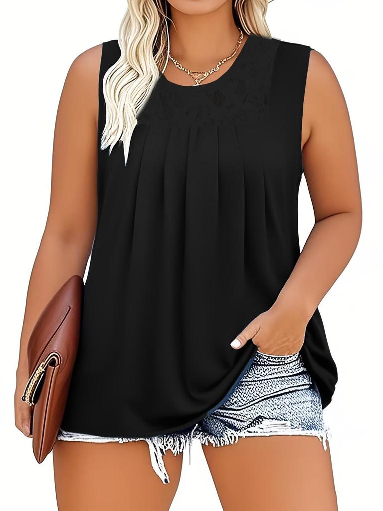 2025 Plus Size Women's Sleeveless Lace Trim Top - Solid, Loose Fit, Round Neck, White/Black