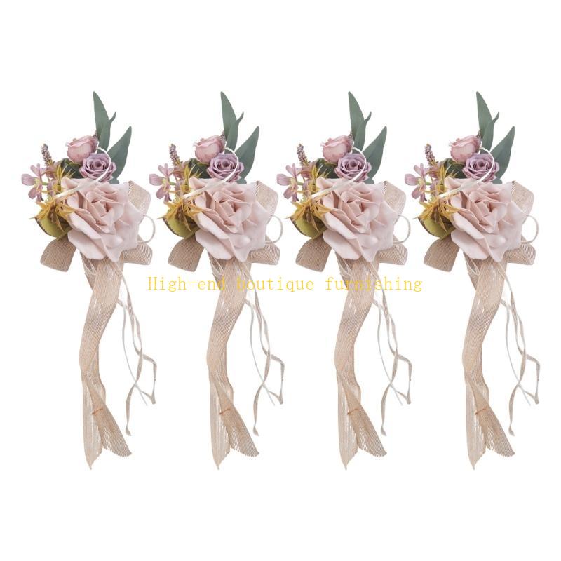 Set mit 4 eleganten Blumen-Schleifen-Anhängern für Hochzeitsauto-Gläser und Türgriffe