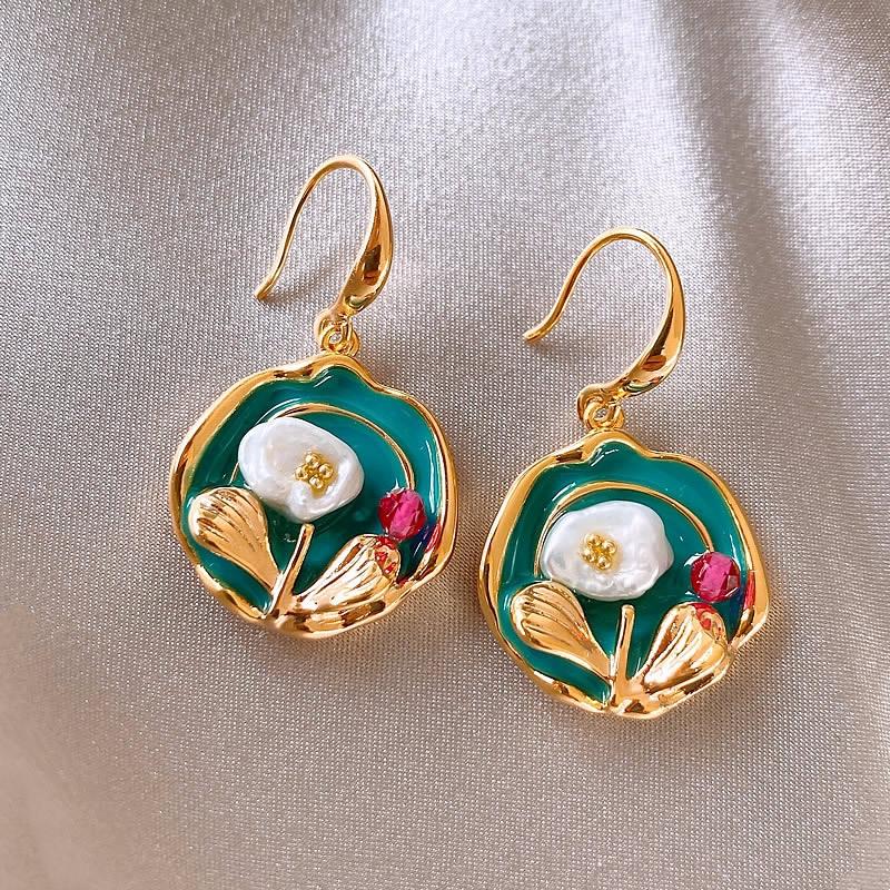 Mode Vintage Ölgemälde Stil Imitiert Barock Perlenblumen Ohrringe Tropfglasur Ohrring Damen Zart Hochwertige Accessoires