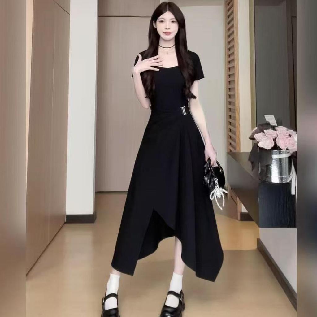 Hepburn style black dress children's summer new coffee break French high-end feeling small waist split dress