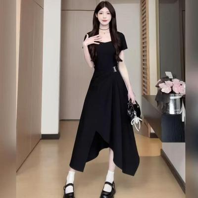 Hepburn Style Black Dress Children's Summer New Coffee Break French High-end Feeling Small Waist Split Dress