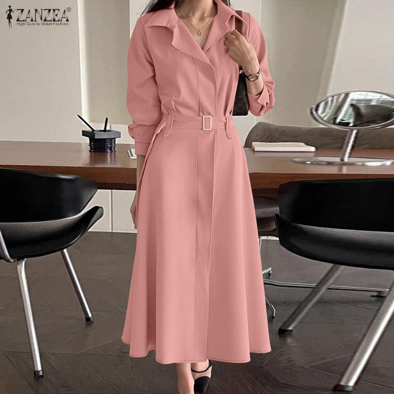 ZANZEA Women Turn Down Collar Long Sleeve Loose Casual Dress