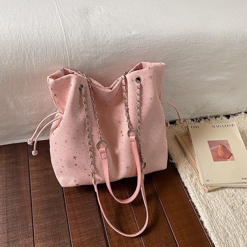 Star Print Drawstring Bucket Bag Women Casual Soft Shoulder Bag Lightweight Simple Tote Bag Large Capacity Daily Commut Hobo Bag