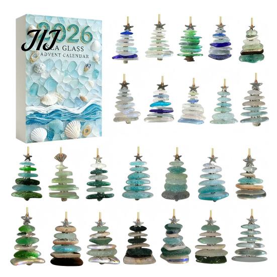 Festive Home Hanging Decorations 2026 Sea Glass Style Christmas Countdown Calendar Blind Box, 24Pcs Unique Tree Pendants Acrylic Ornaments,