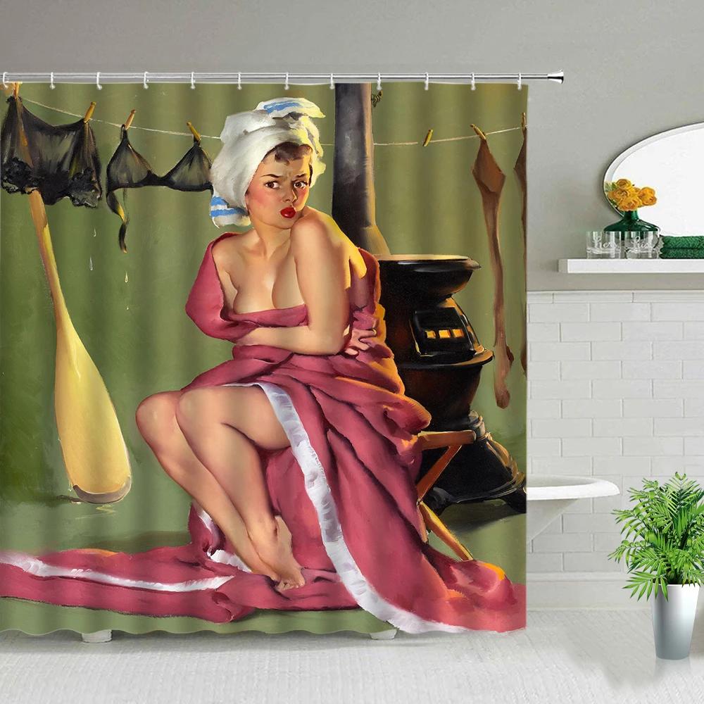Sexy Woman Buttocks Printing Shower Curtains Sunlight Beach Girl Landscape Bathroom Decor Fabric Washable Bath Screen With Hooks