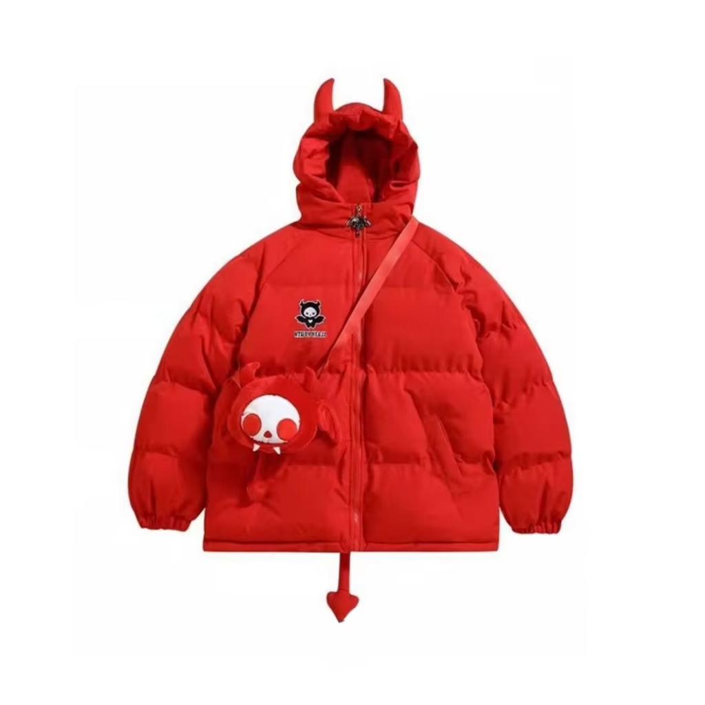BeatStreet Women Black Gothic Thicken Parkas Jacket Hip Hop Devil Horns Wing Couple Hooded Padded Jacket Streetwear Emo Coat Winter Clothes