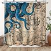 Navy Blue Waterproof Shower Curtain - Vintage Nautical Octopus, Mermaid, Kraken, Anchor Map Ocean Theme Bath Curtain Decor