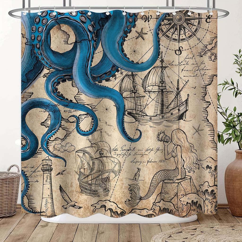 Navy Blue Waterproof Shower Curtain - Vintage Nautical Octopus, Mermaid, Kraken, Anchor Map Ocean Theme Bath Curtain Decor
