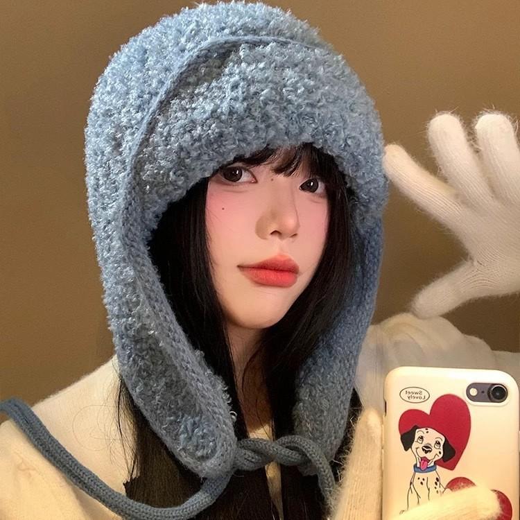 Autumn And Winter Haze Blue Knitted Hat Women'S Cold Protection And Warmth Korean Version Versatile Face Small Ear Protection Pullover Hat