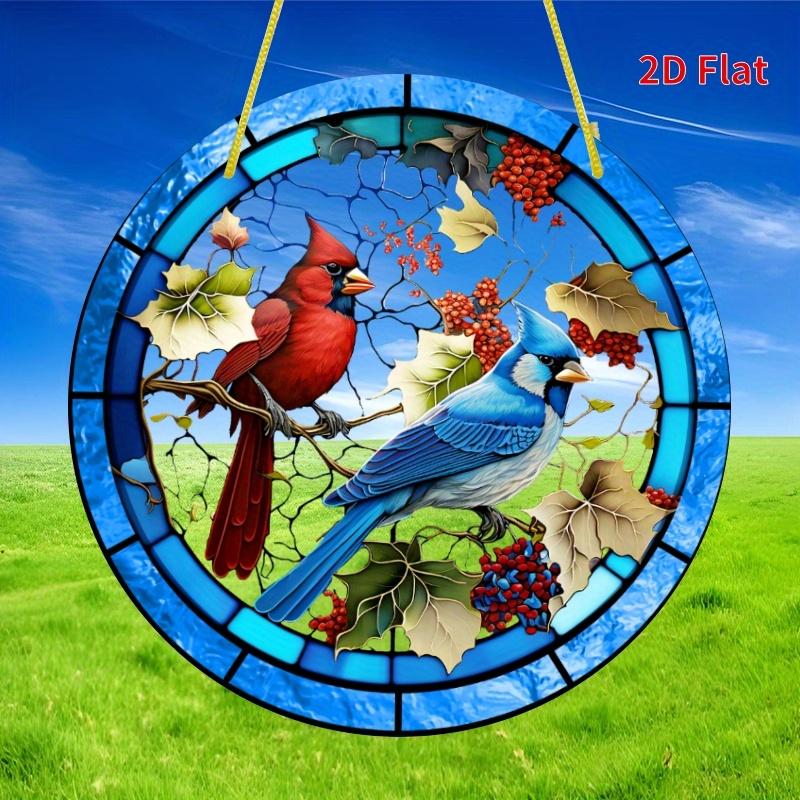 2D Flat Cardinal & Bluebird Stained Glass Decoration Sign, Autumn Leaves & Berries Design, Home Decor Plaque Hanging Wall Art Decorative Garden Decora