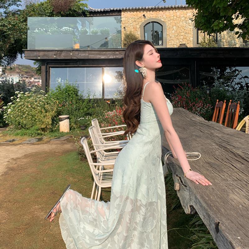 Mint Green Sleeveless Suspender Dress Women's Summer Seaside Vacation Wear Waist Beautiful Long Dress