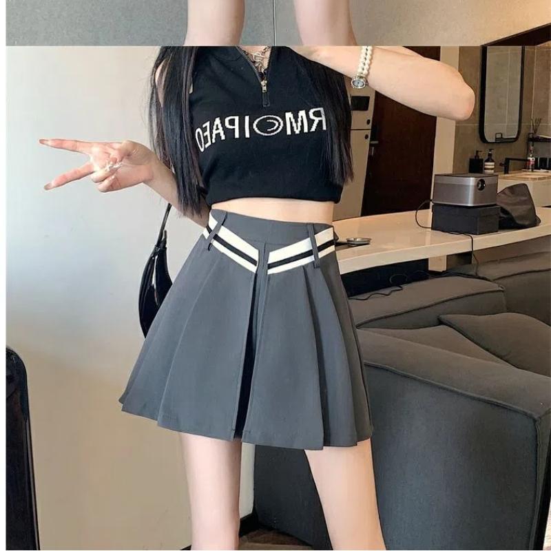 Mode Lässig Hohe Taille Locker Weites Bein A-Linie Rockshorts Koreanisch Sommer Kurze Röcke Damen Unregelmäßig Plissiert Reißverschluss Patchwork Kurz