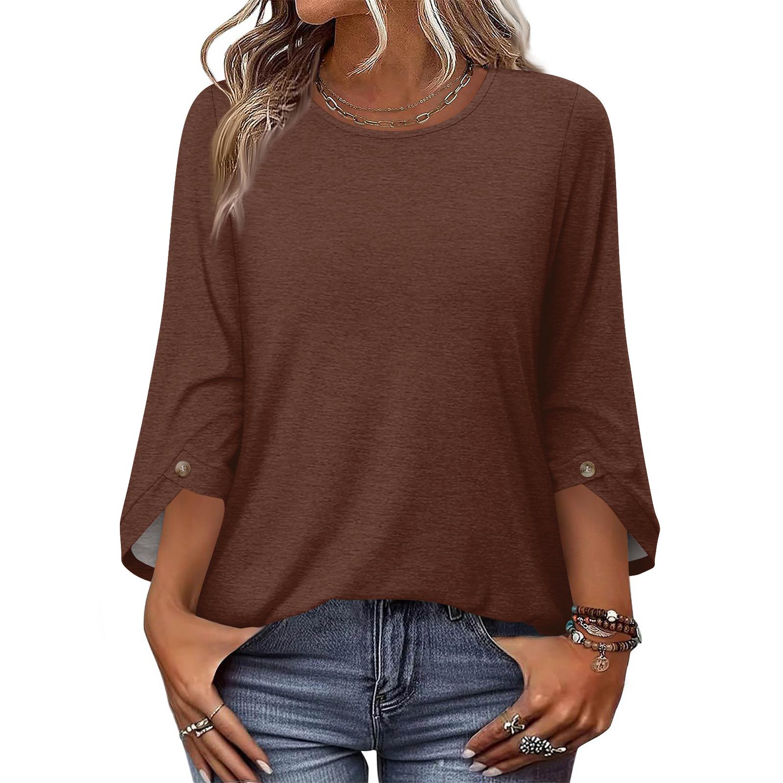 

Women’s Relaxed Fit Three Quarter Sleeve Button Blouse Soft Lightweight Round Neck Top Casual Style S коричневый