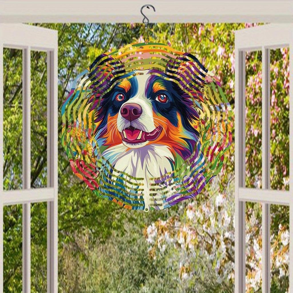 Rainbow Flower Dog Pattern Metal Wind Spinner 2D Hanging Garden Decor No Power Needed 360 Degree Rotating Hook Easy Installation
