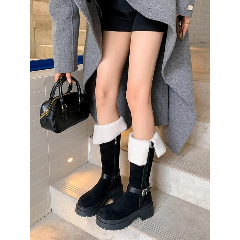 

~ New round head belt buckle knight boots women s autumn and winter versatile thick-soled velvet boots 35 чёрный