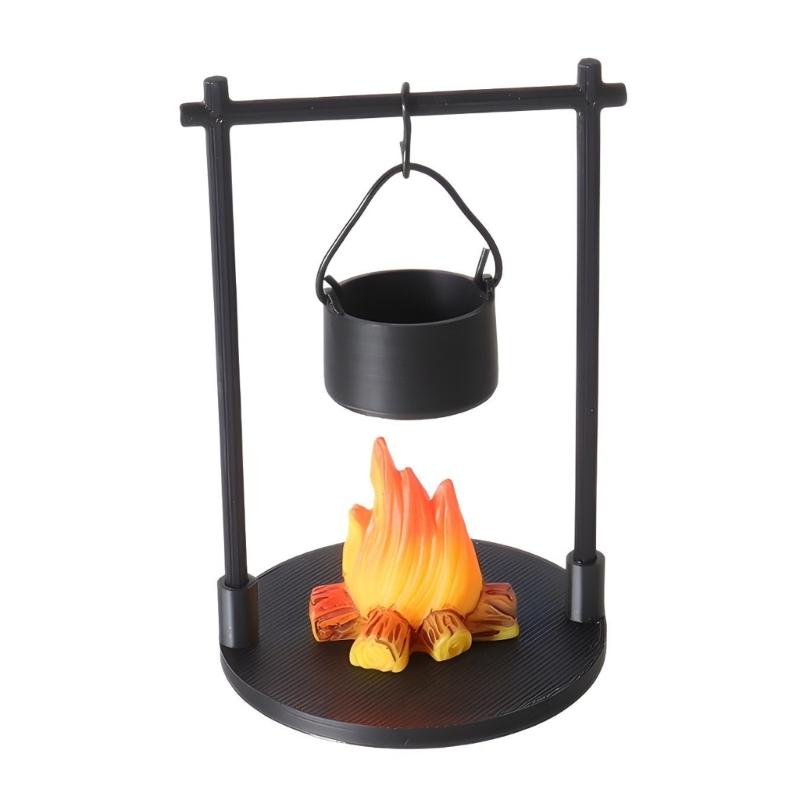 Miniature Outdoor Campfire Set with Iron Pot Firewood Bundle and Tree for 1/12 Scale Model Scene Display Accessories